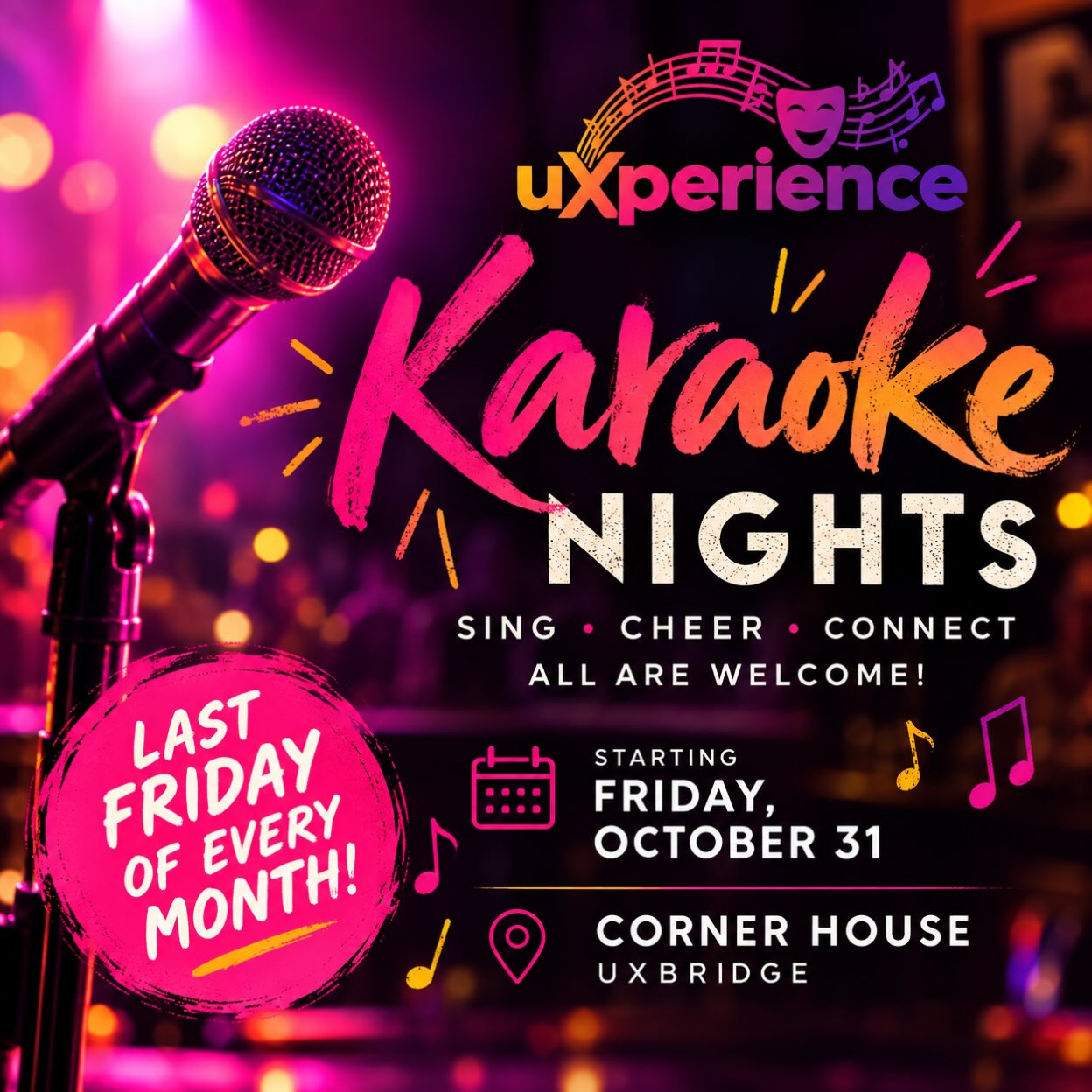 CALLING ALL PAST, PRESENT, AND FUTURE UXPERIENCE MEMBERS!! We don’t have to wait for rehearsals to in order to get together and sing some songs 🎶👩🎤 Join us, the last Friday of every month at @cornerhouseux for karaoke 🎤🤩
First Karaoke night will be Friday, October 30 at 9pm at @cornerhouseux
Come solo and make friends, or bring your crew - all are welcome. The singing is optional, but it promises to be a GREAT time no matter how you participate. We would love to see you there!!
#uxperience #uxperience2027 #uxbridge #karaoke